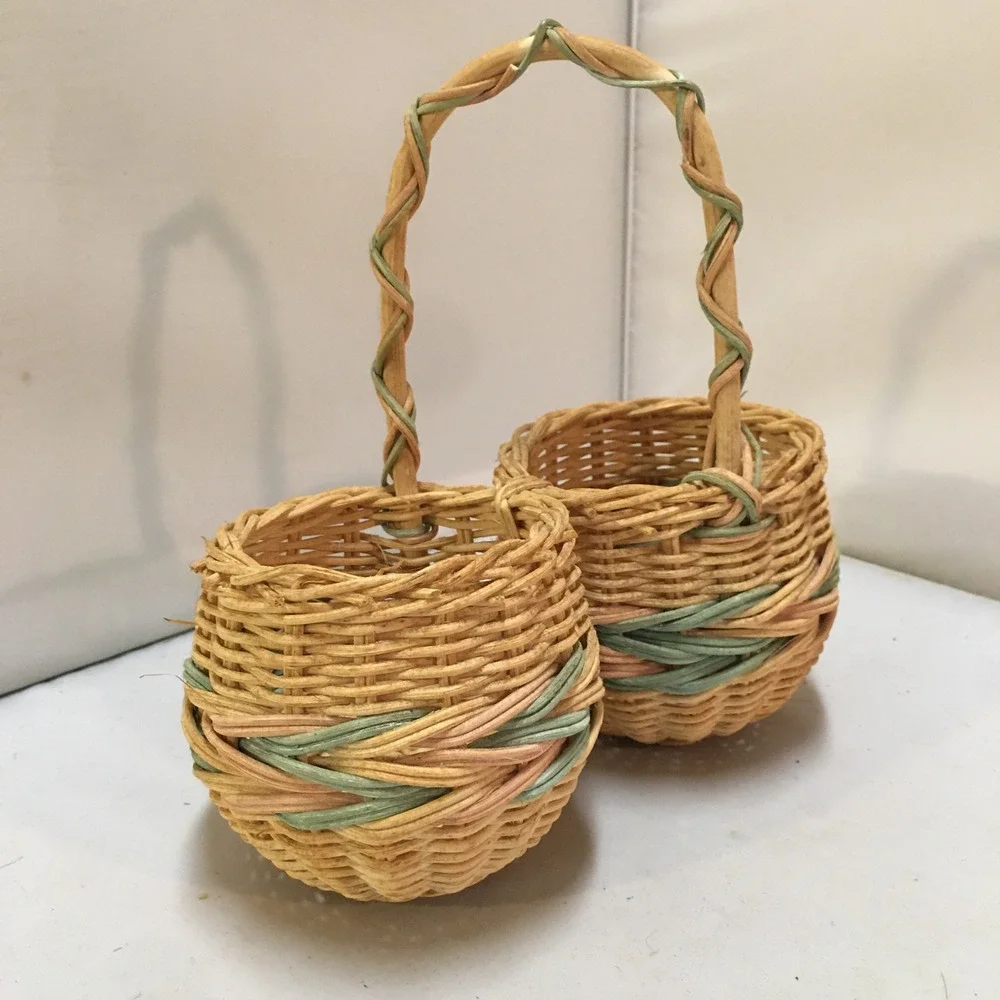 Miniature Double Wicker Basket Unisex Small Tan Pastel Woven Decor Cottagecore
